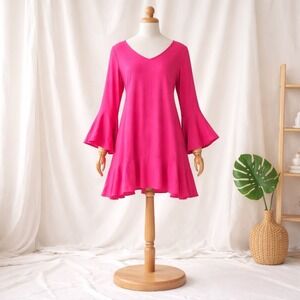 HD in Paris Retro Flowy Swing Dress Romantic Fuchsia Bell Sleeves Viscose Size 8